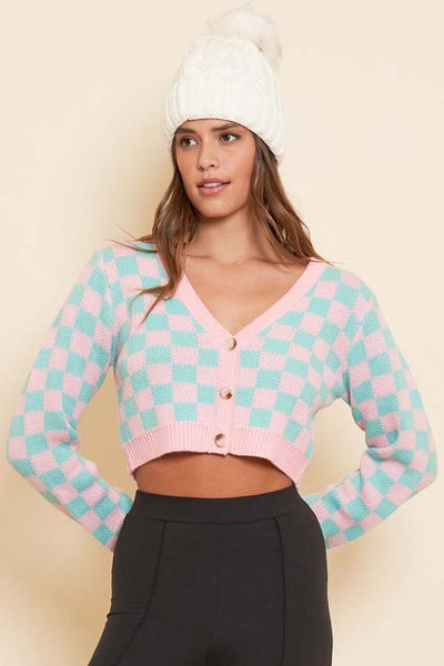 Mint/Pink Checkered Cropped Cardigan – Junebear Clothing
