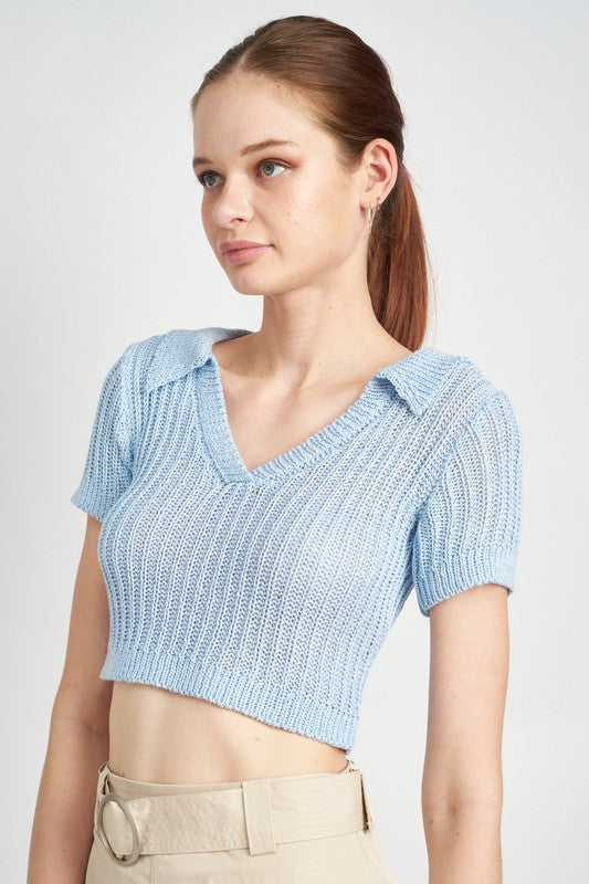 Ribbed Knit Collared Crop Top