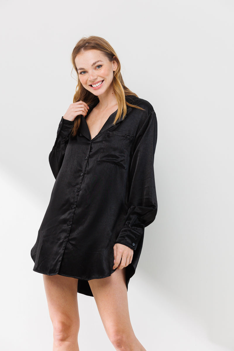 Black Long Sleeve Collared Satin Shirt Dress