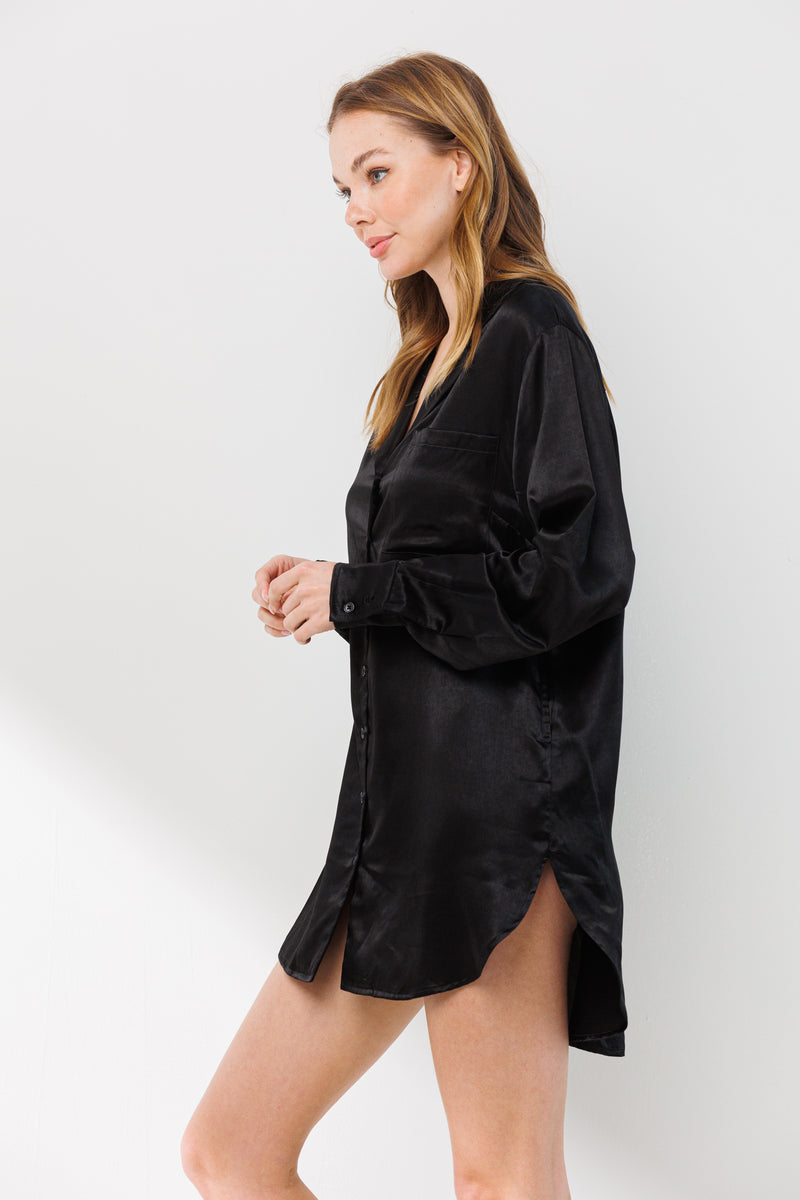 Black Long Sleeve Collared Satin Shirt Dress Junebear Clothing Black Long Sleeve Collared Satin Shirt Dress Junebear Clothing