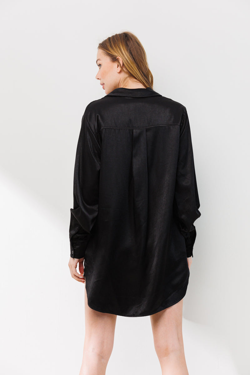 Black Long Sleeve Collared Satin Shirt Dress Large Black Long Sleeve Collared Satin Shirt Dress Large