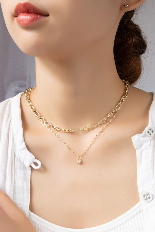 Two Row Chain and Dainty Heart Pendant Necklace