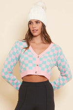 Mint/Pink Checkered Cropped Cardigan