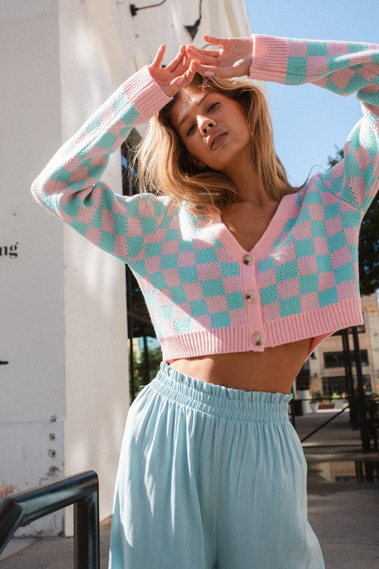 トップス BELVET Cropped checkered shirt Pink M Bridgette Checkered Knit Cardigan