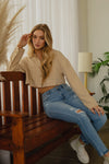 Taupe Faux Suede Collared Button Up Long Sleeve Top