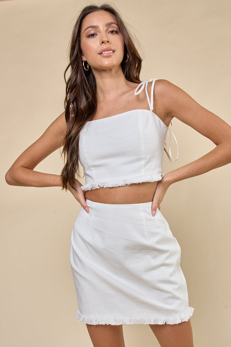 Ivory Frayed 2 Pc Top & Mini Skirt Set