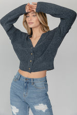 Blue Gray Button Up V Neck Cropped Cardigan