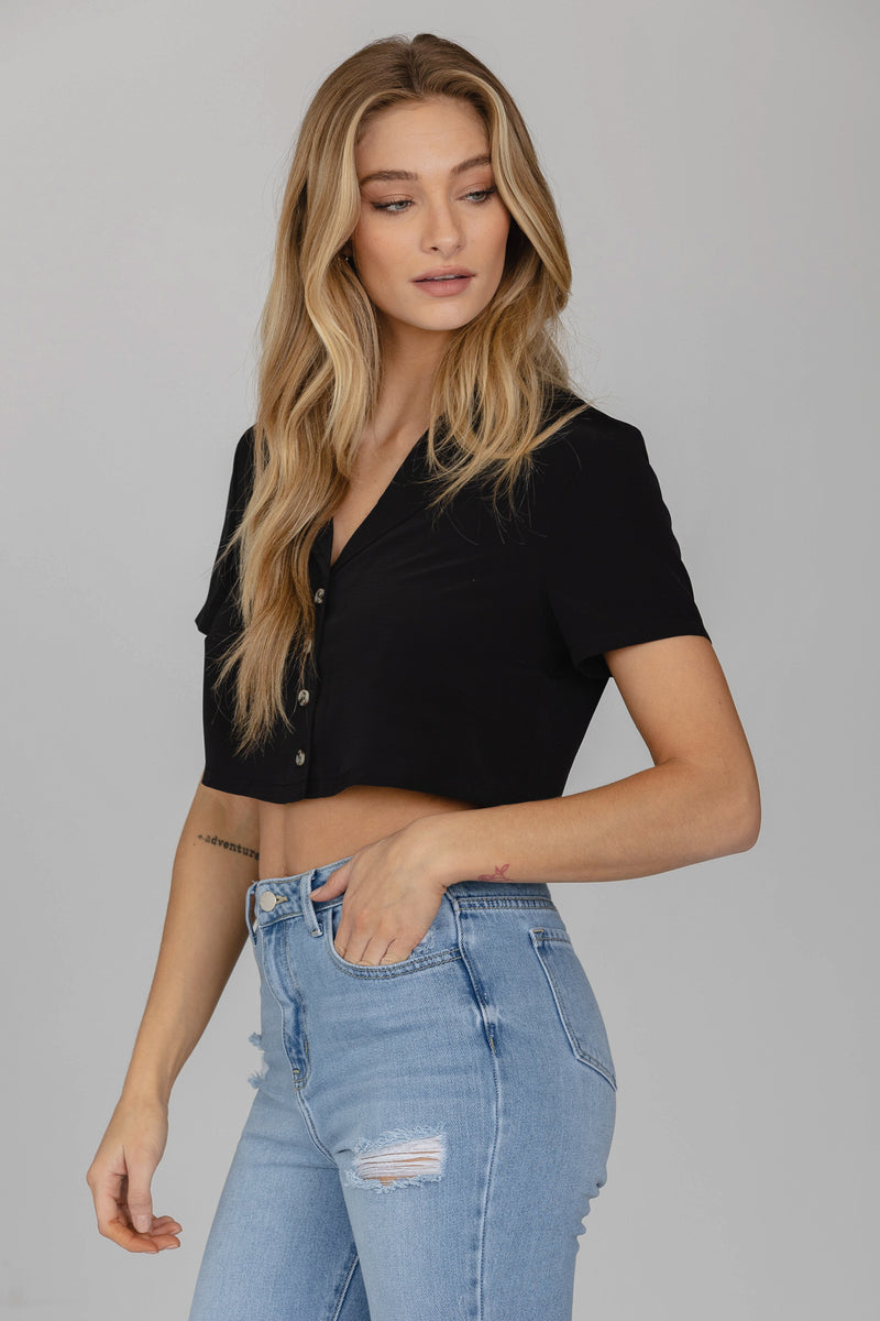Black Collared Button Down Blouse Top