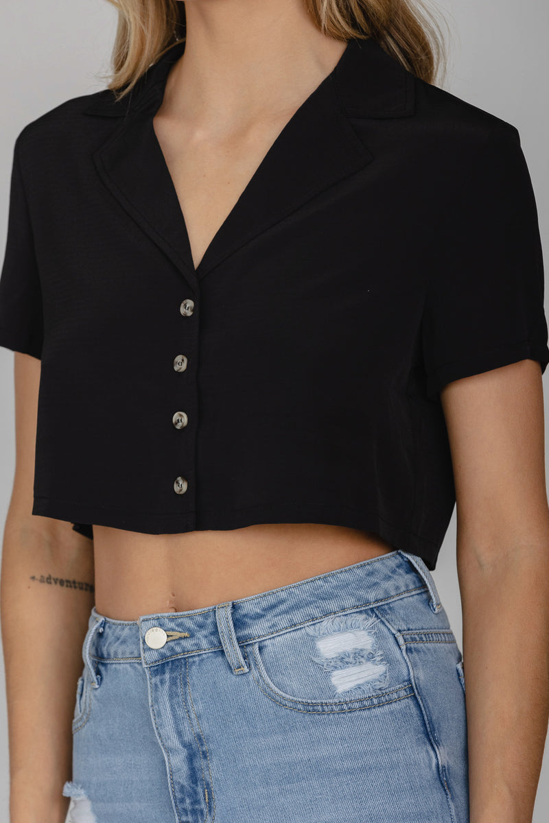 Black Collared Button Down Blouse Top