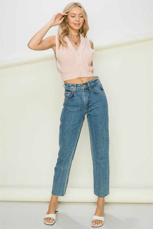 Pearl Button-Up Cropped Sweater Vest